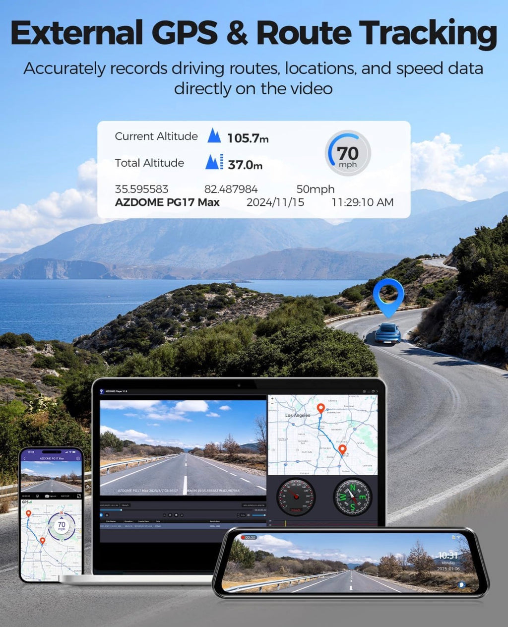AZDOME PG17 Max 4K Smart Mirror Dash Cam with 2.5K Rear Camera, GPS, WiFi, ADAS & Blind Spot Detection