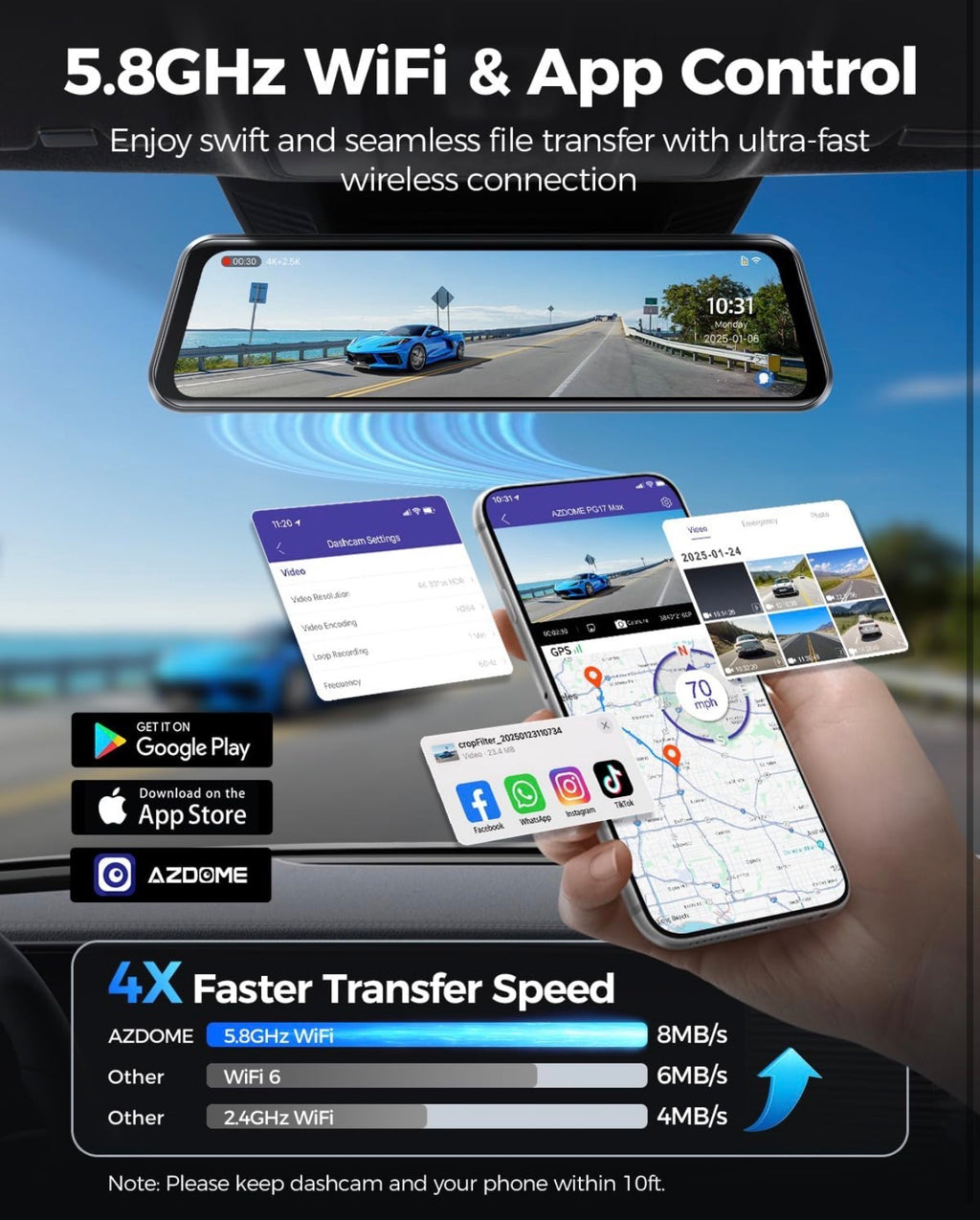AZDOME PG17 Max 4K Smart Mirror Dash Cam with 2.5K Rear Camera, GPS, WiFi, ADAS & Blind Spot Detection