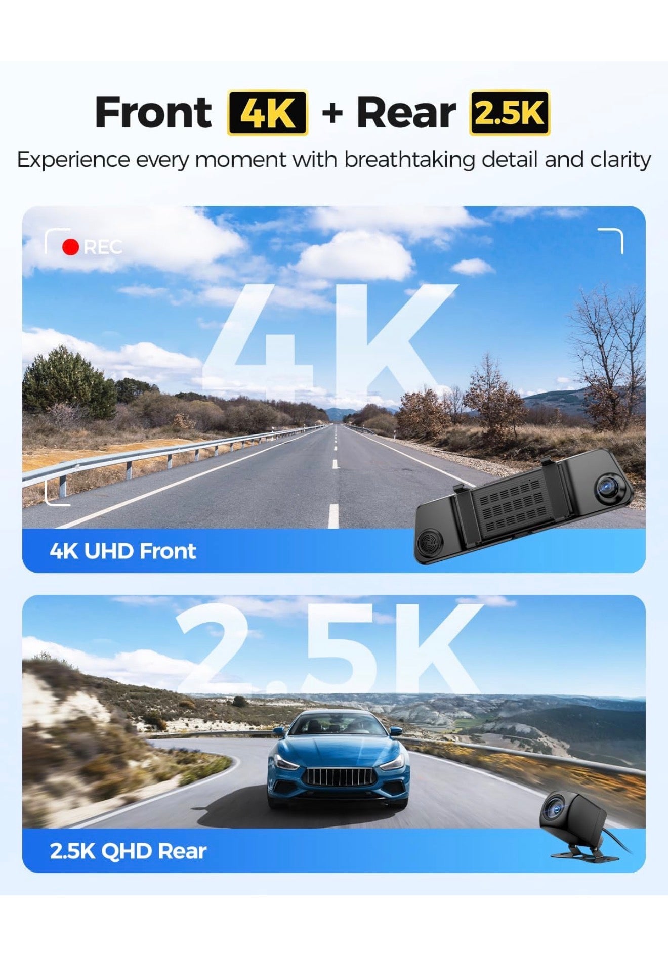 AZDOME PG17 Max 4K Smart Mirror Dash Cam with 2.5K Rear Camera, GPS, WiFi, ADAS & Blind Spot Detection