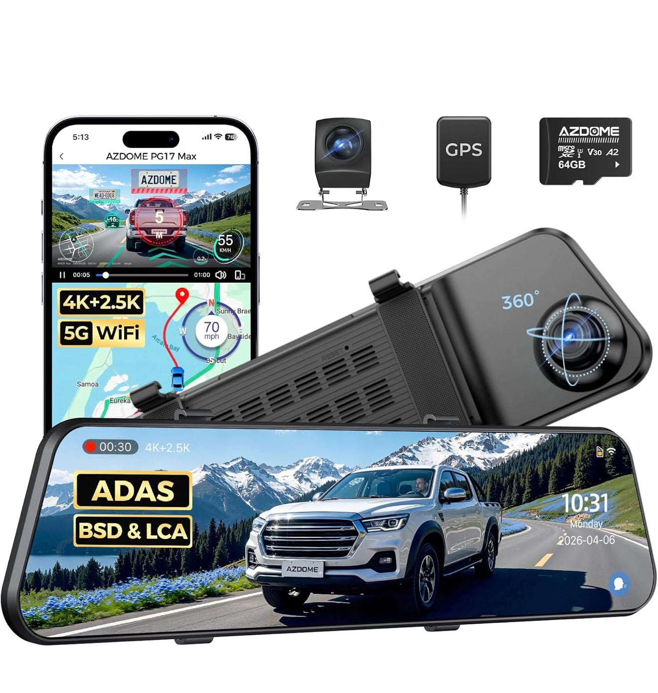 AZDOME PG17 Max 4K Smart Mirror Dash Cam with 2.5K Rear Camera, GPS, WiFi, ADAS & Blind Spot Detection