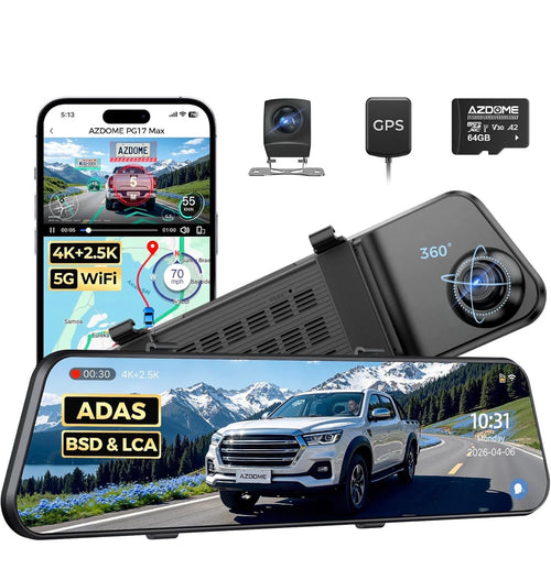 AZDOME PG17 Max 4K Smart Mirror Dash Cam with 2.5K Rear Camera, GPS, WiFi, ADAS & Blind Spot Detection